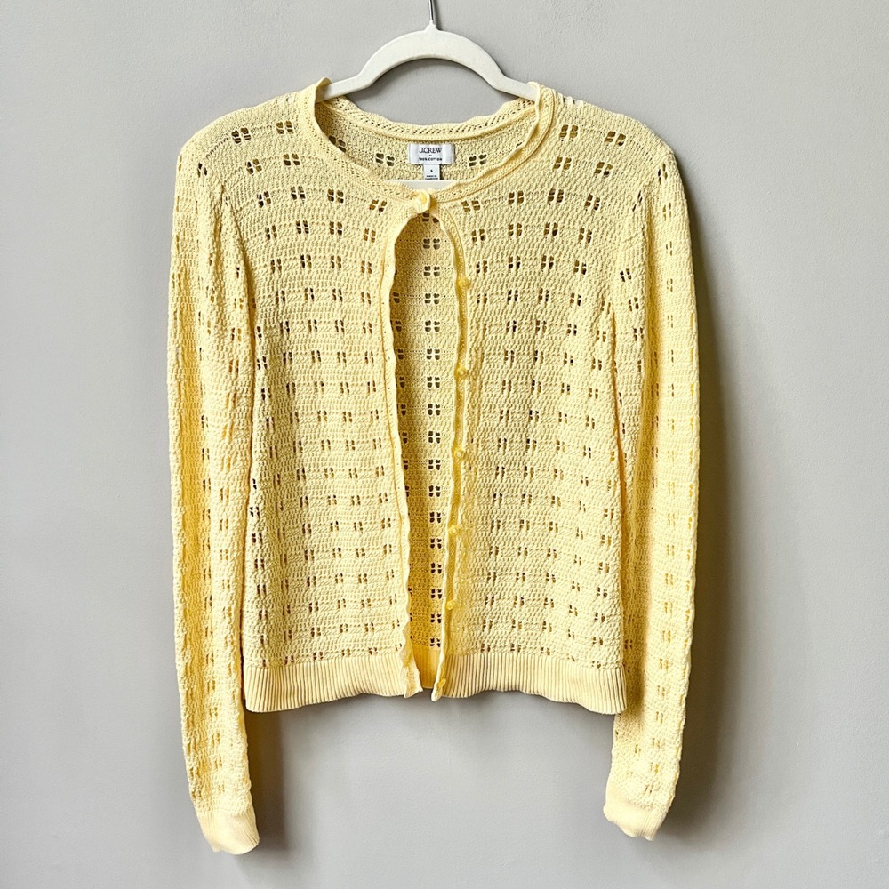 J. Crew Cardigan Sweater Women's Small Pale Yellow Pointelle Open Knit Cotton